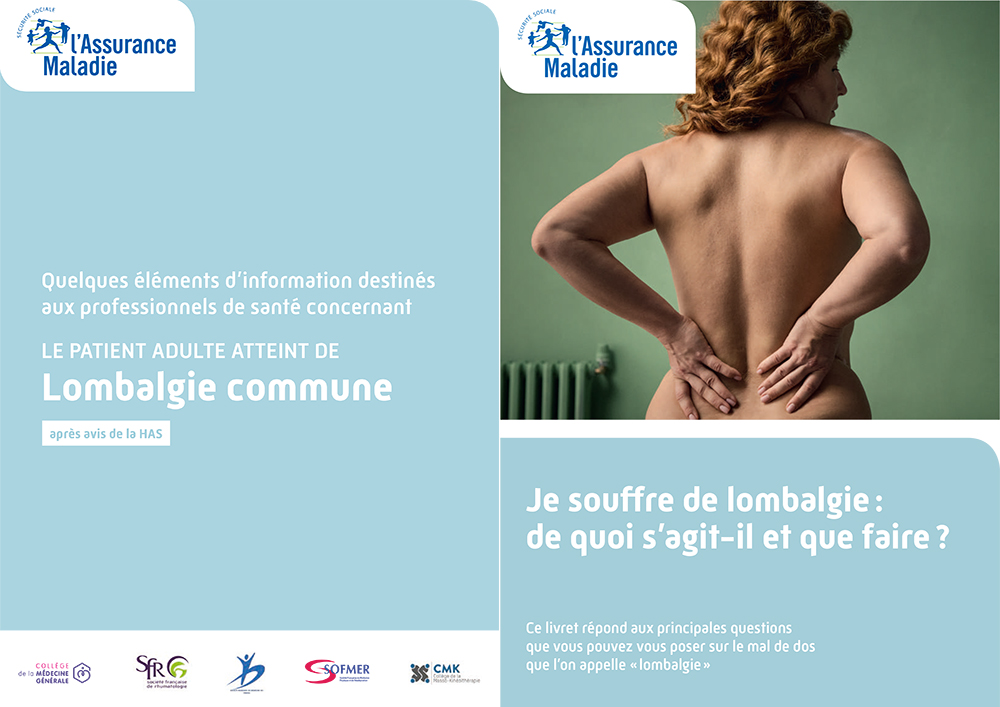 Couvertures brochures destiné aux professionnels de santé : Le patient adulte atteint de lombalgie commune. Aux patients : Je souffre de lombalgie, de quoi s'agit-il et que faire ? patients