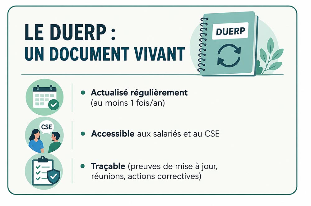 Le DUERP, un document vivant : il doit être actualisé régulièrement (au moins une fois par an), être accessible aux salariés et au CSE, et être traçable grâce aux preuves des mises à jour, réunions et actions correctives.