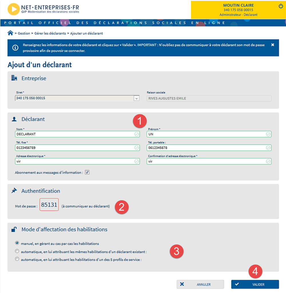 Net-entreprises.fr - Portail des déclarations sociales en ligne : informations du nouveau déclarant