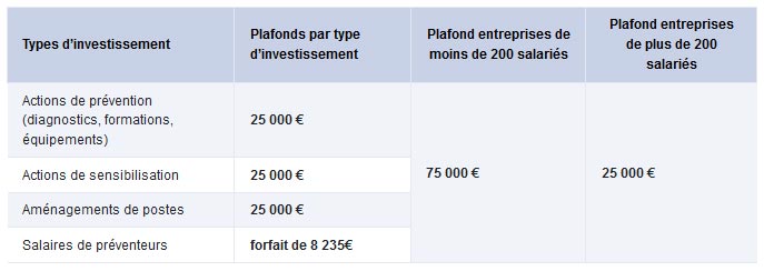 Plafonds de subvention selon les types d’investissements et la taille des entreprises.
Le tableau présente les plafonds de subvention pour différents types d’investissements, avec des distinctions selon la taille des entreprises (moins ou plus de 200 salariés).

Colonnes :
Types d’investissement :
- Actions de prévention (diagnostics, formations, équipements)
- Actions de sensibilisation
- Aménagements de postes
- Salaires de préventeurs

Plafonds par type d’investissement :
- 25 000 € pour les actions de prévention, de sensibilisation et l’aménagement des postes.
- Forfait de 8 235 € pour les salaires de préventeurs.

Plafond pour entreprises de moins de 200 salariés :
- 75 000 € pour l’ensemble des actions.

Plafond pour entreprises de plus de 200 salariés :
25 000 € pour l’ensemble des actions.