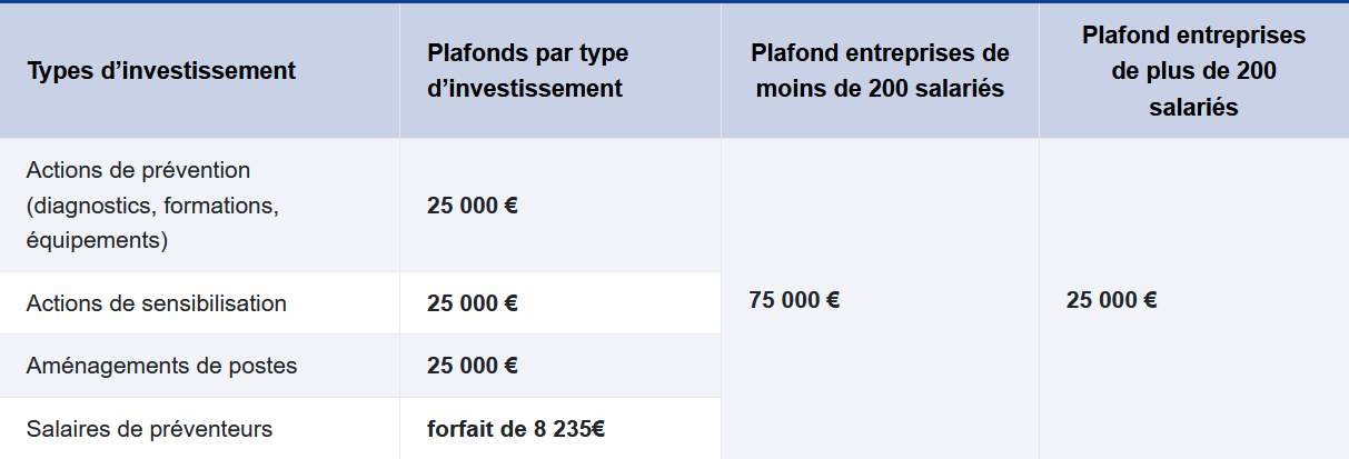 Tableau indiquant le montant maximal de la subvention par type de dépense
