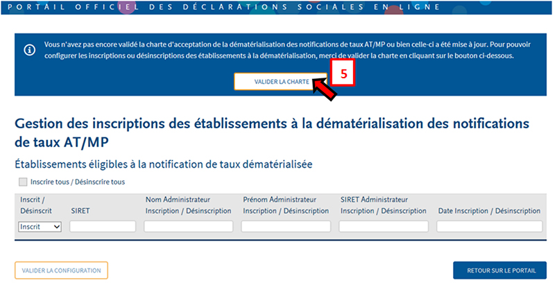 Net-entreprises.fr - Portail des déclarations sociales en ligne : inscription à la dématérialisation de la notification, valider la charte