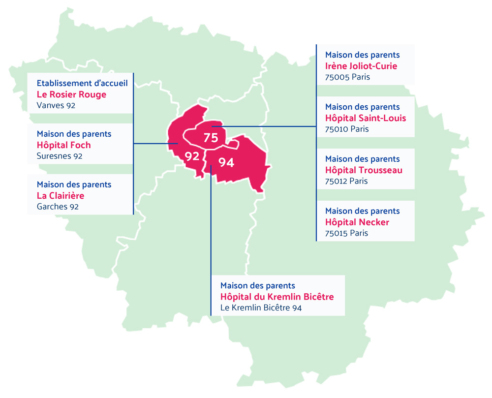 Carte des établissements d'accuei et maisons de parents en Île-de-France