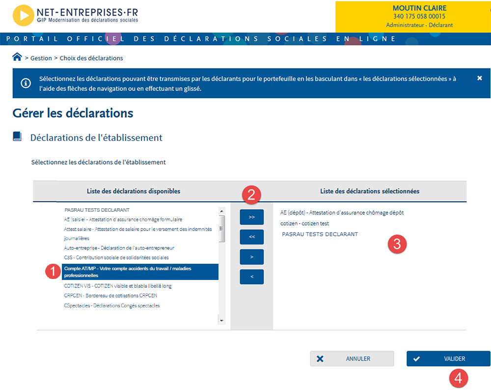 Net-entreprises.fr - Portail des déclarations sociales en ligne : liste des déclarations sélectionnées