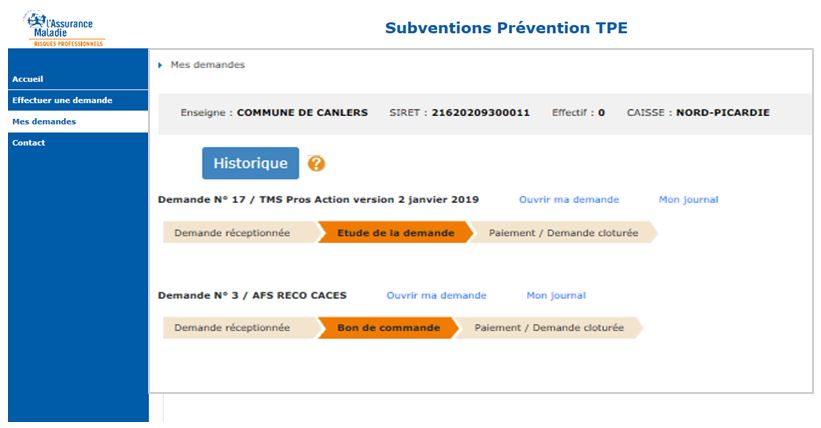 Historique de vos demandes de subventions sur net-entreprises.fr