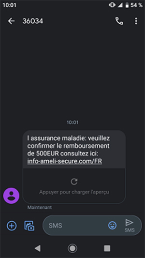 Exemple de sms fraduleux, copyright ameli.fr