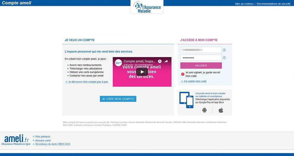 Image du site ameli.fr : connectez-vous à votre compte ameli