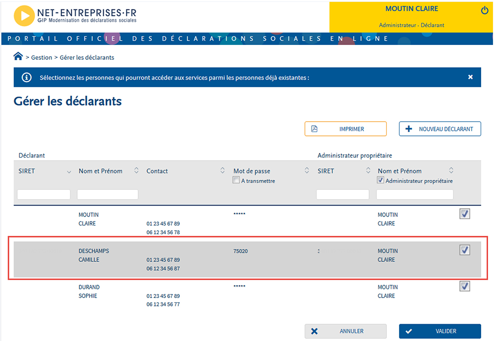 Net-entreprises.fr - Portail des déclarations sociales en ligne : sélection du déclarant à supprimer