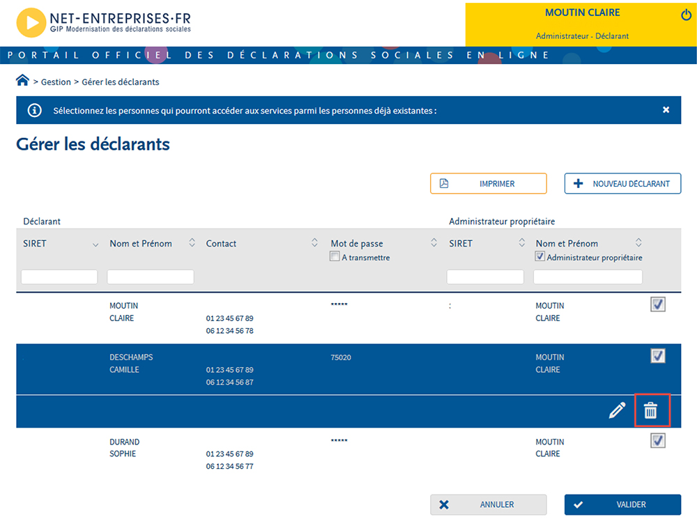 Net-entreprises.fr - Portail des déclarations sociales en ligne : validation suppression déclarant