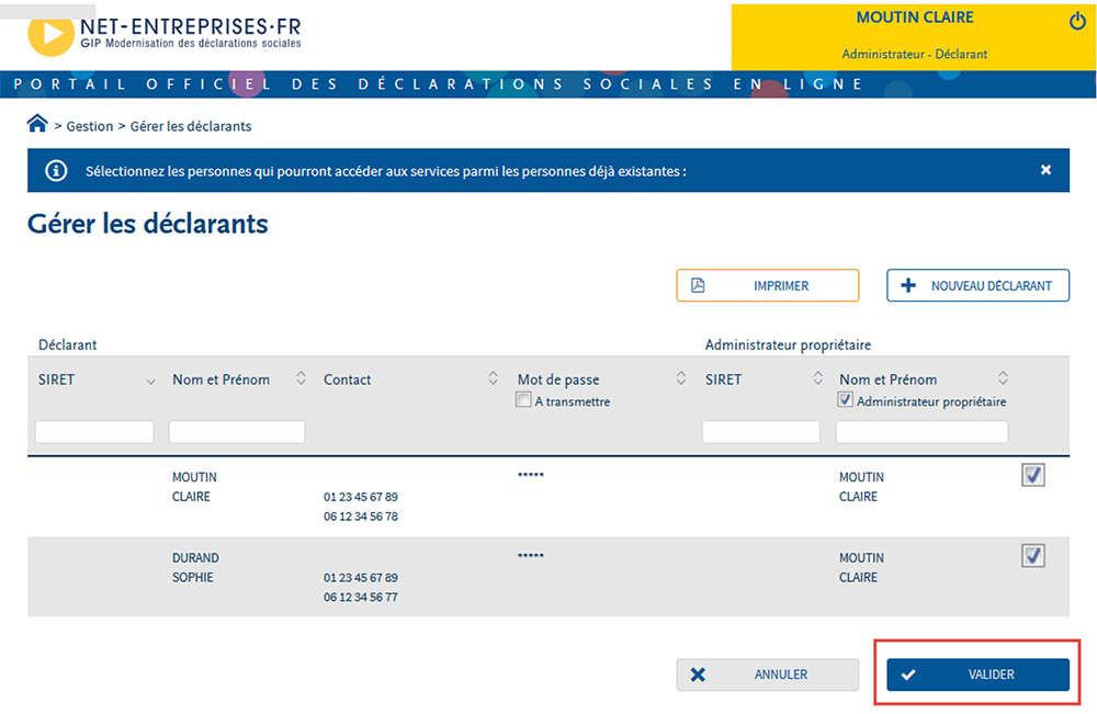 Net-entreprises.fr - Portail des déclarations sociales en ligne : validation transfert de déclarant